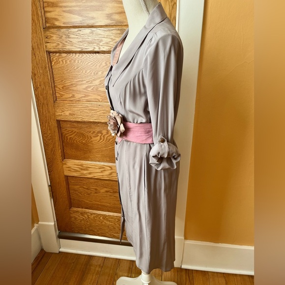 LOVEMATTERS Designer Silk & Leather Belted Shirt Dress Size Small - Picture 3 of 16